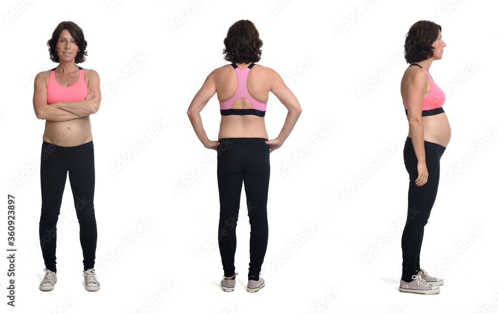 same pregnant woman with sportswear isolated on white background,front,side and rear view same pregnant woman with sportswear isolated on white background,front,side and rear view
