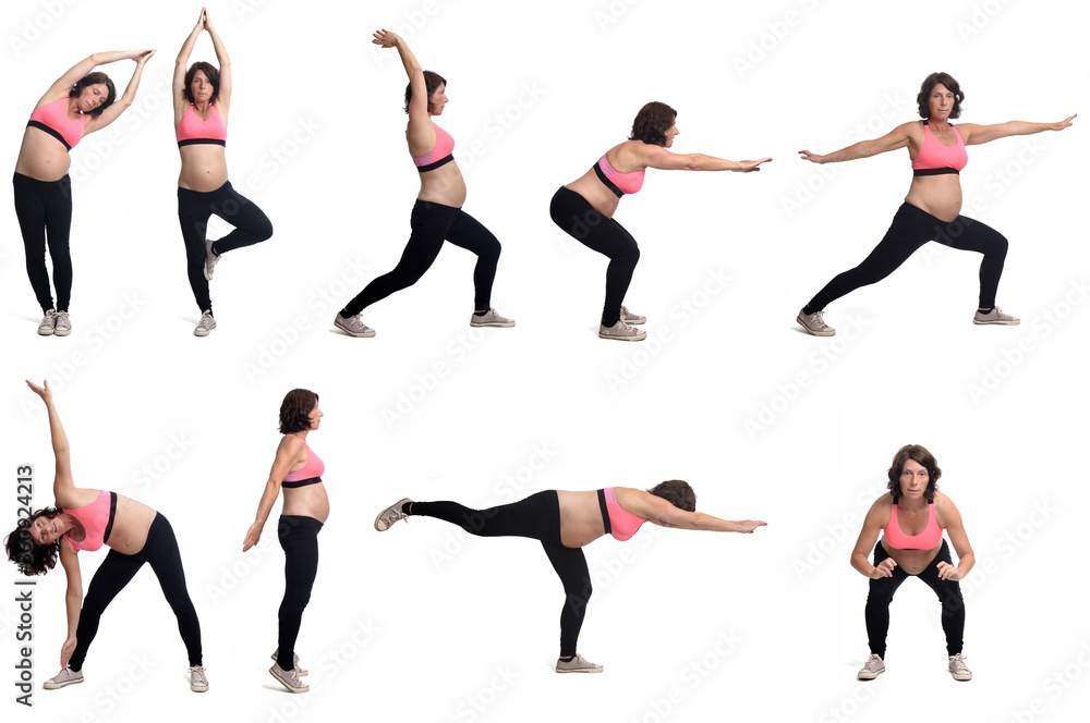 the same pregnant woman doing standing exercises on white background the same pregnant woman doing standing exercises on white background