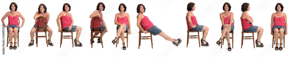 large group of same woman in skirt sitting on white background, large group of same woman in skirt sitting on white background,