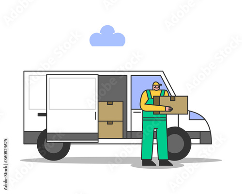Loader unload goods from truck. Delivery service and home moving concept