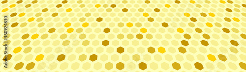 Golden honeycomb banner. Hexagon grid in space. Vector EPS10