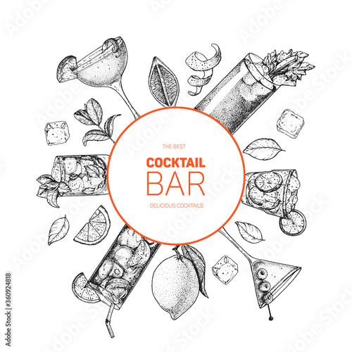 Cocktails hand drawn vector illustration. Alcoholic cocktails sketch set. Engraved style. Design template for bar.