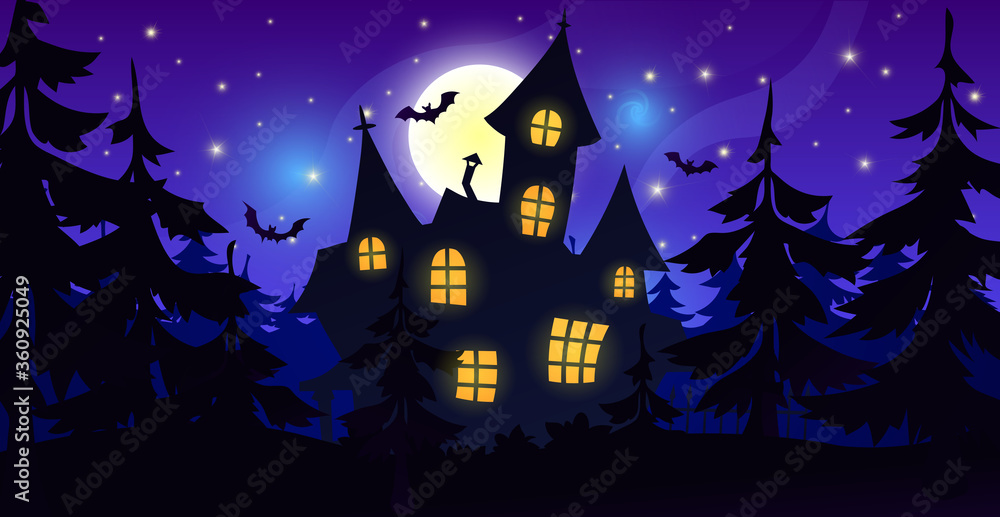 Silhouette of a castle house in the night forest. Old mansion with light from the windows, against the backdrop of a large moon and starry sky. 
Horror scene.