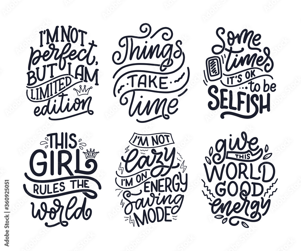 Set with funny hand drawn lettering compositions. Cool phrases for print and poster design. Inspirational feminism slogans. Girl power quotes. Greeting card template. Vector Set with funny hand drawn lettering compositions. Cool phrases for print and poster design. Inspirational feminism slogans. Girl power quotes. Greeting card template. Vector