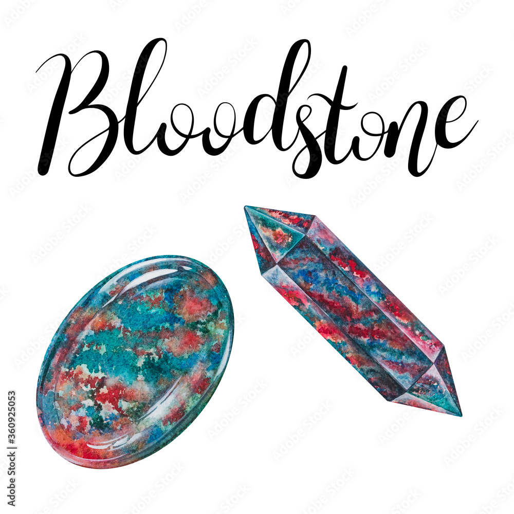 Bloodstone polished crystal and stone isolated on white background. March birthstone with lettering. Close up illustration of gems drawn by hand with watercolor Illustration Stock Adobe Stock