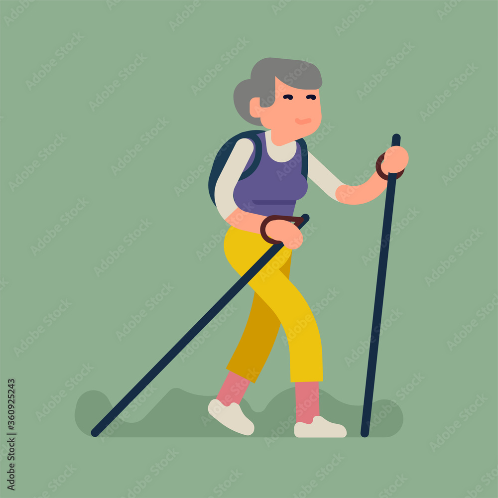Happy elderly woman having a long walk with walking sticks concept flat vector illustration. Flat vector character design on retired woman hiking or trekking Happy elderly woman having a long walk with walking sticks concept flat vector illustration. Flat vector character design on retired woman hiking or trekking