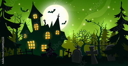 Dark landscape for Halloween. Old creepy mansion and cemetery with graves on the background of a large moon and a green starry sky.
Vector illustration.