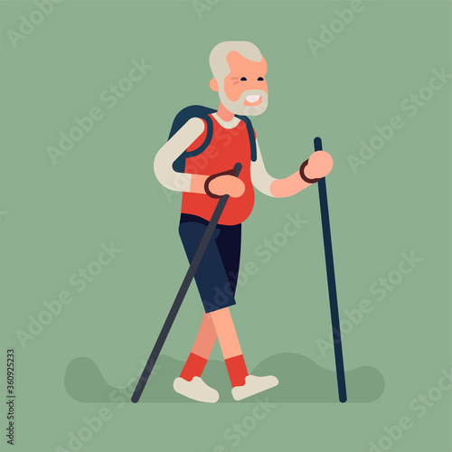 Happy retired man having a long walk with walking sticks concept flat vector illustration. Flat vector character design on elderly man hiking or trekking