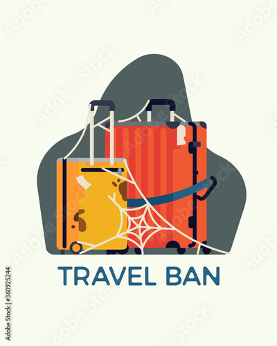 Coronavirus pandemic travel ban concept vector illustration. Unneeded luggage suitcases left unused and abandoned for so long that there is a spiderweb on them