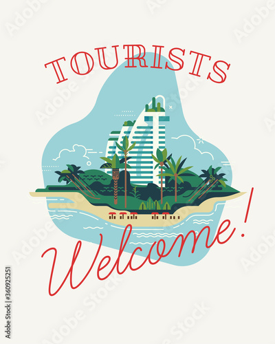 ‘Tourists welcome!’ poster, banner, or flyer template. Flat vector concept design on vacation destinations reopening after global coronavirus pandemic lockdown