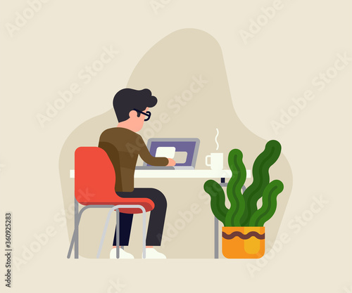 Flat vector illustration on man working on laptop seeing from behind, isolated