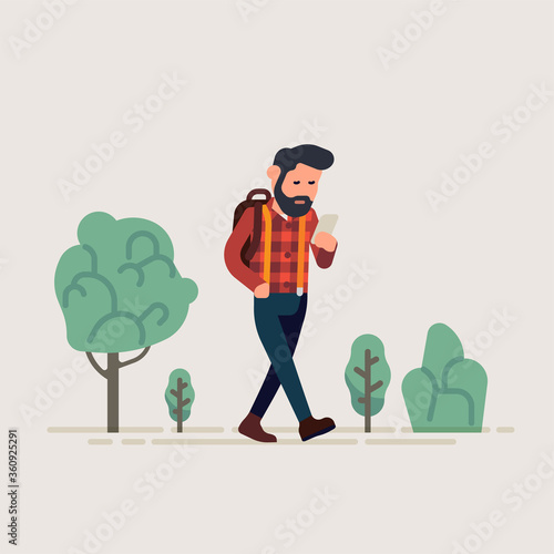 Man checking on his phone whilst walking. Smartphone zombie concept vector illustration. Focused on his phone pedestrian not paying attention to surroundings