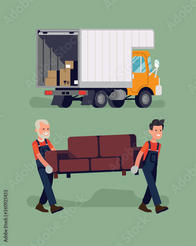 Cool vector flat design elements on moving company with movers and loaders carrying a sofa and a moving truck with open tale gate and cardboard boxes standing inside