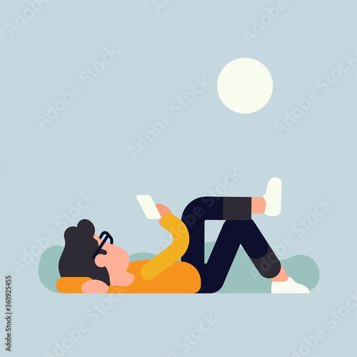 Relaxed man lying on ground using his phone. Cool vector illustration on leisure and chill out time outdoors in summer. Flat character design on guy reading or texting whilst resting in park