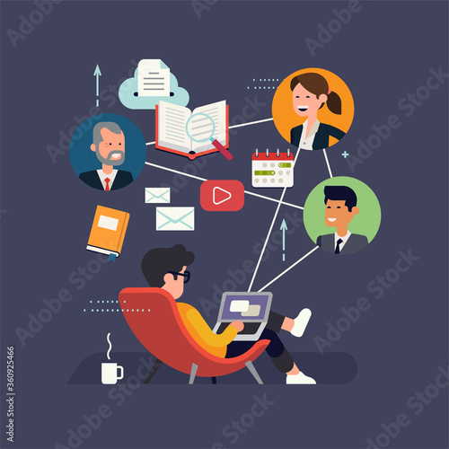 Freedom of work and education in modern world concept illustration with relaxed man in a lounge chair chatting online with tutors and specialists. Work from home visual