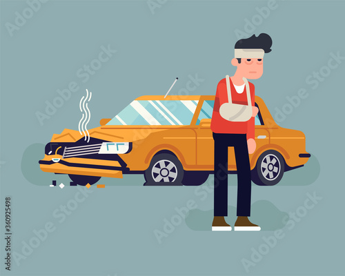 Injured in a car accident driver standing in front of his wrecked car. Driving safety flat vector concept illustration