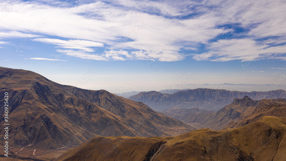 Aerial view of drones from Northern Argentina, mountains, valleys, routes and peaks.