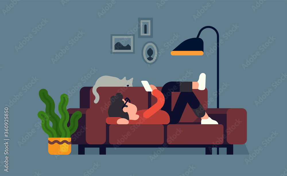 Man relaxing on couch with his phone. Cool vector flat character design on  chill out time