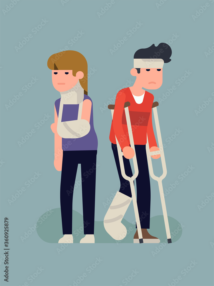 Cool vector character design on unhappy injured woman and man with plaster cast on leg, arm and neck, crutches, bondage on head. Injury, treatment and recovery concept illustration Cool vector character design on unhappy injured woman and man with plaster cast on leg, arm and neck, crutches, bondage on head. Injury, treatment and recovery concept illustration