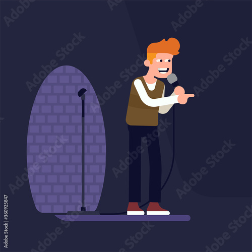 Cool vector flat style illustration on stand up comedian performing on stage in a spot light holding microphone. Comedy show concept visual