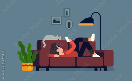 Man relaxing on couch with his phone. Cool vector flat character design on chill out time with abstract male character lying on sofa at home with a cat sleeping next to him