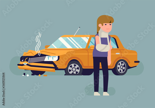 Driving safety flat vector concept illustration. Injured in a car accident woman standing in front of her wrecked car. Female driver just suffered road accident