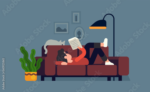 Man relaxing on couch with a good book. Cool vector flat character design on reading with abstract male character lying on sofa at home with a cat sleeping next to him