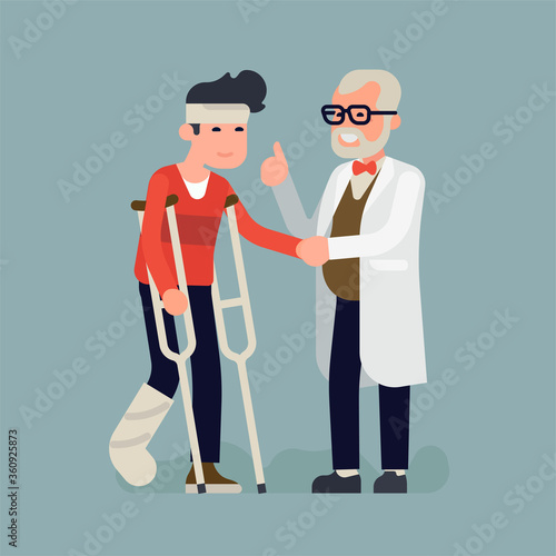 Cool flat vector illustration on cheerful doctor comforts injured person on crutches with a plaster cast on his leg and a bondage on head in recovery