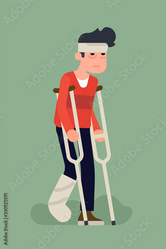 Cool vector character design on unhappy injured person using crutches with a plaster cast on his leg and a bondage on head in recovery