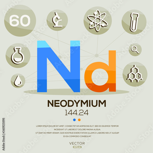 ND (Neodymium)The periodic table element,letters and icons,Vector illustration.