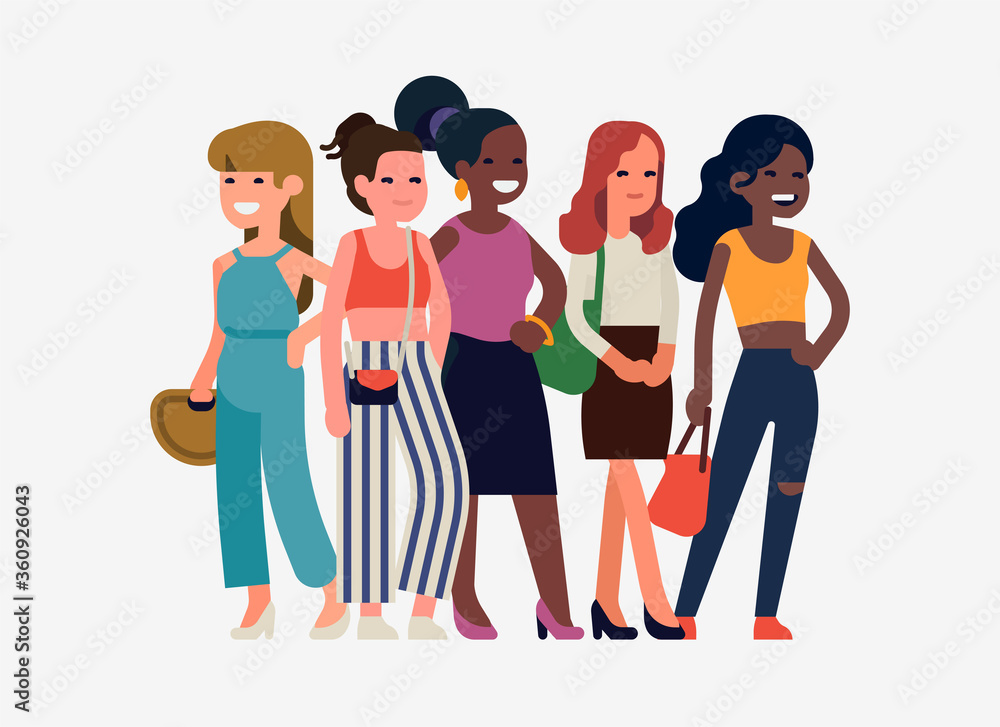 Obraz premium Diverse group of women standing, isolated. Quality vector character design on diversity women with caucasian and african young adult ladies standing together smiling and laughing