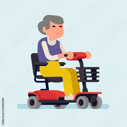 Personal mobility and barrier free environment concept vector illustration. Cheerful old woman riding an electric powered wheelchair