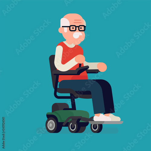 Personal mobility and barrier free environment concept vector illustration with cheerful old man riding a powerchair with joystick controller on armrest
