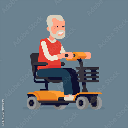 Cheerful old man riding an electric powered wheelchair. Personal mobility and barrier free environment concept vector illustration