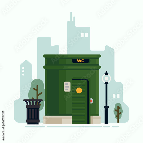 City street public toilet service concept vector illustration with green automatic restroom structure with abstract cityscape on background