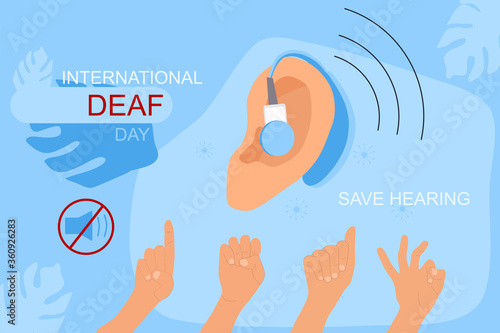 International Deaf day 23 september hand drawn vector illustration.Ear hearing aid,aerophone.Sign language communication.Hearing disability concept,ear protection.Equal rights.Language of the deaf