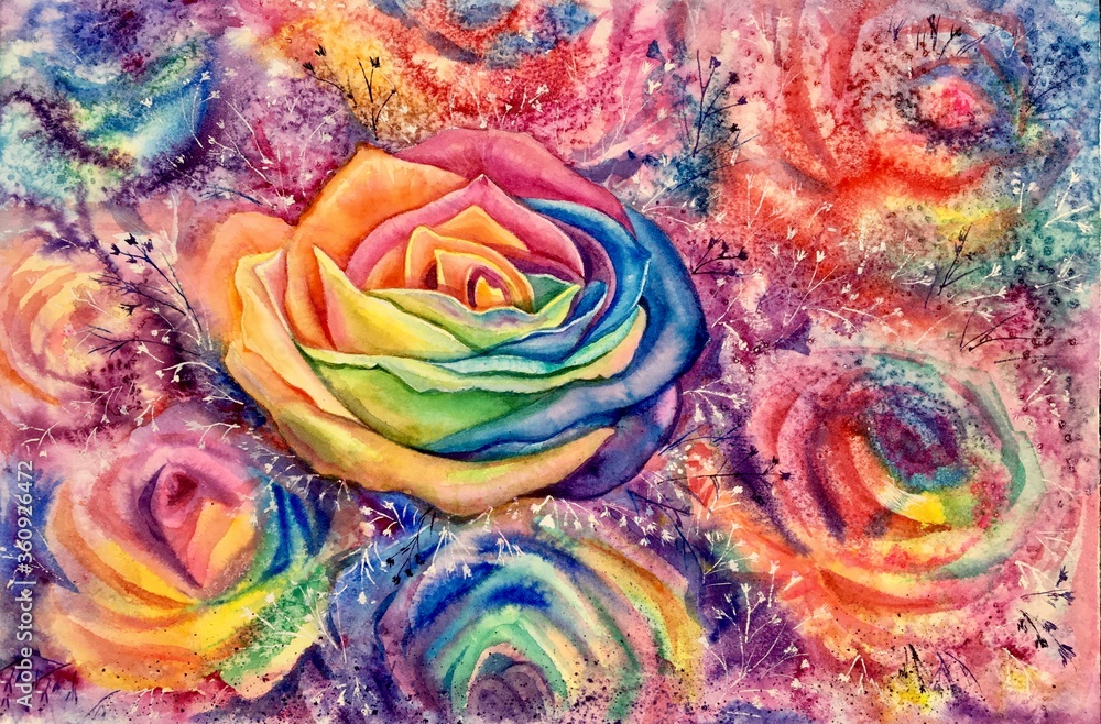 Watercolor rainbow roses. Bouquet of colored roses. Red, orange, purple, blue, yellow multicolored background. Design element. Template for designs, card, posters, banner. 