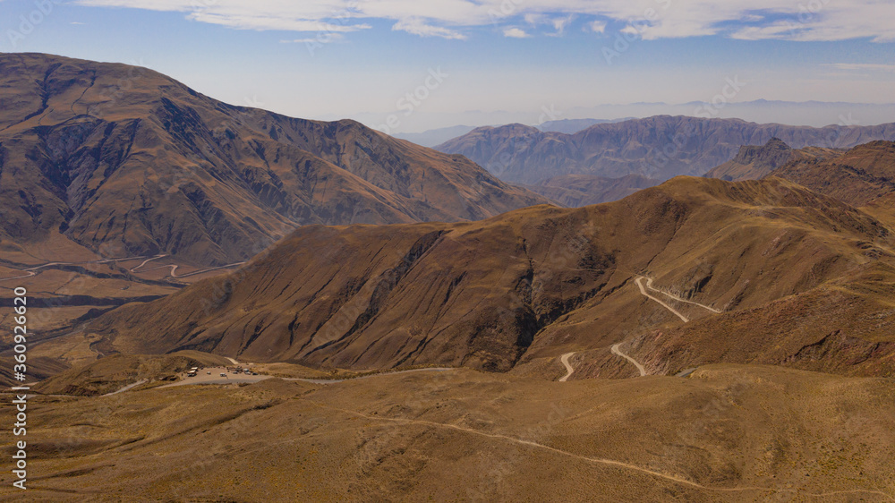 Aerial view of drones from Northern Argentina, mountains, valleys, routes and peaks.