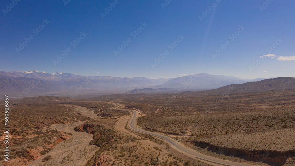 Aerial view of drones from Northern Argentina, mountains, valleys, routes and peaks.