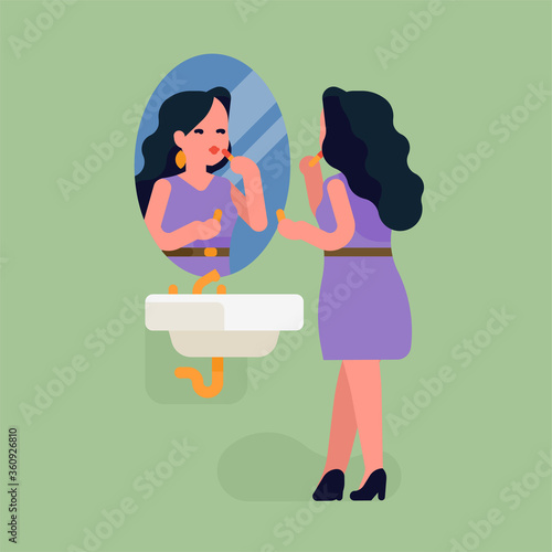 Pretty woman applying lipstick in front of a bathroom mirror. Flat style vector illustration on young adult girl preening
