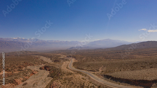 Aerial view of drones from Northern Argentina, mountains, valleys, routes and peaks.