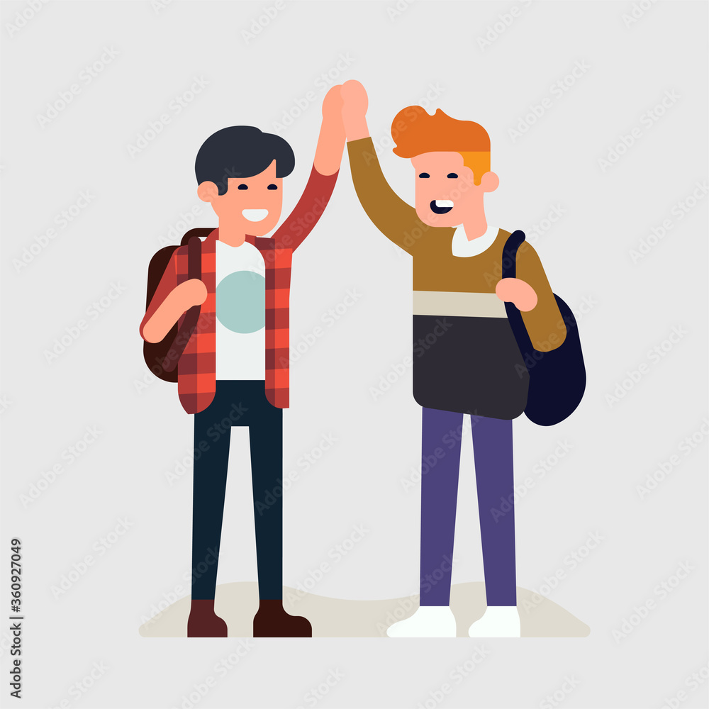 Two male students doing high five. Cool vector flat style character design on casually clothed cheerful young men congratulate or greet each other, isolated Two male students doing high five. Cool vector flat style character design on casually clothed cheerful young men congratulate or greet each other, isolated