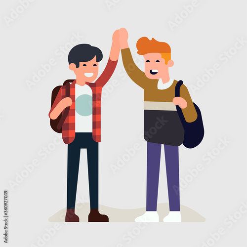Two male students doing high five. Cool vector flat style character design on casually clothed cheerful young men congratulate or greet each other, isolated