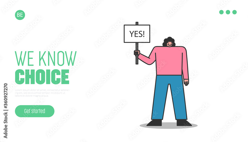 Choic making landing page design with woman holding board with yes answer Choic making landing page design with woman holding board with yes answer