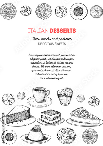Italian dessert vector illustration. Italian sweet hand drawn sketch. Baking collection Vintage design template. Tiramisu, gelato, torta della nonna, zabaglione, biscotti, zeppole, sfinci illustration