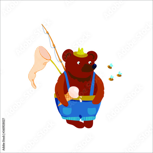 Bear summer resident with a fishing rod, ice cream and a landing net. Looks at the bees.