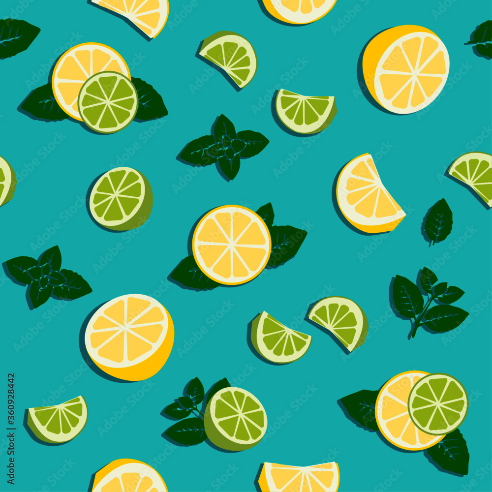 Lemon fruits and lime slices with green mint leaves. Floral seamless watercolor pattern. Holiday decoration, fabric print, wallpaper design, elegant texture isolated on blue background