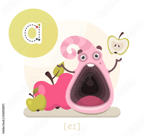 Learning the English alphabet. Funny cartoon character with apples and letter. The way to write a letter with transcription. Vector illustration