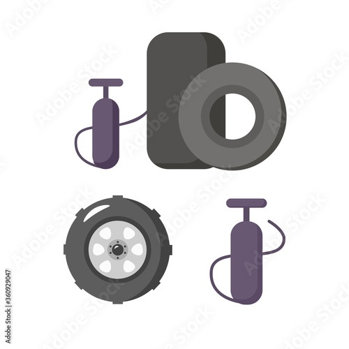 inflate tire, car wheel, car flat icon set with long shadow