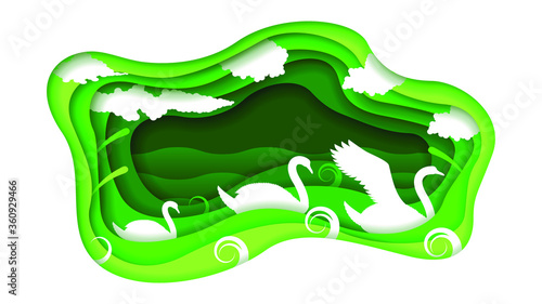 Eco Green Paper Cut Background Vector Nature Animal Clouds With Swan